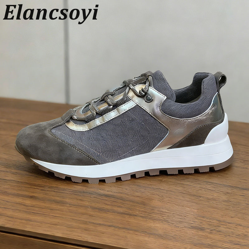 Knit Fabric Lace Up Sneakers - أحذية رياضية نسائية برباط مزينة بالخرز،