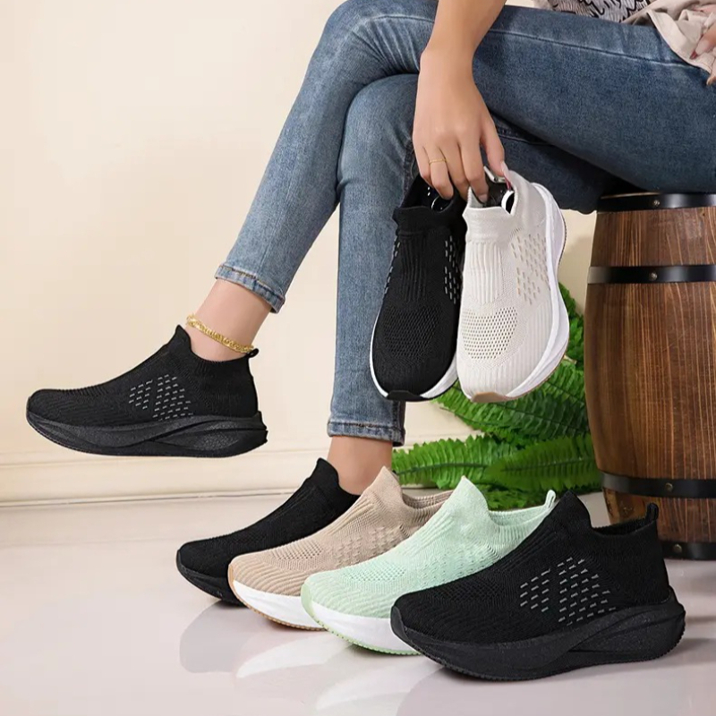 Knit Fabric Lace Up Sneakers - أحذية رياضية للجنسين سهلة الارتداء، مصنوعة