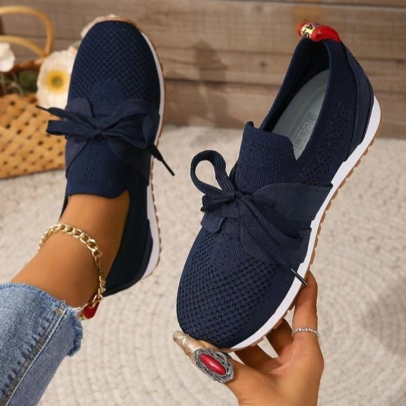 جديد أسود متماسكة تنفس المرأة  - مراجعة Knit Fabric Lace Up Sneakers وسعره